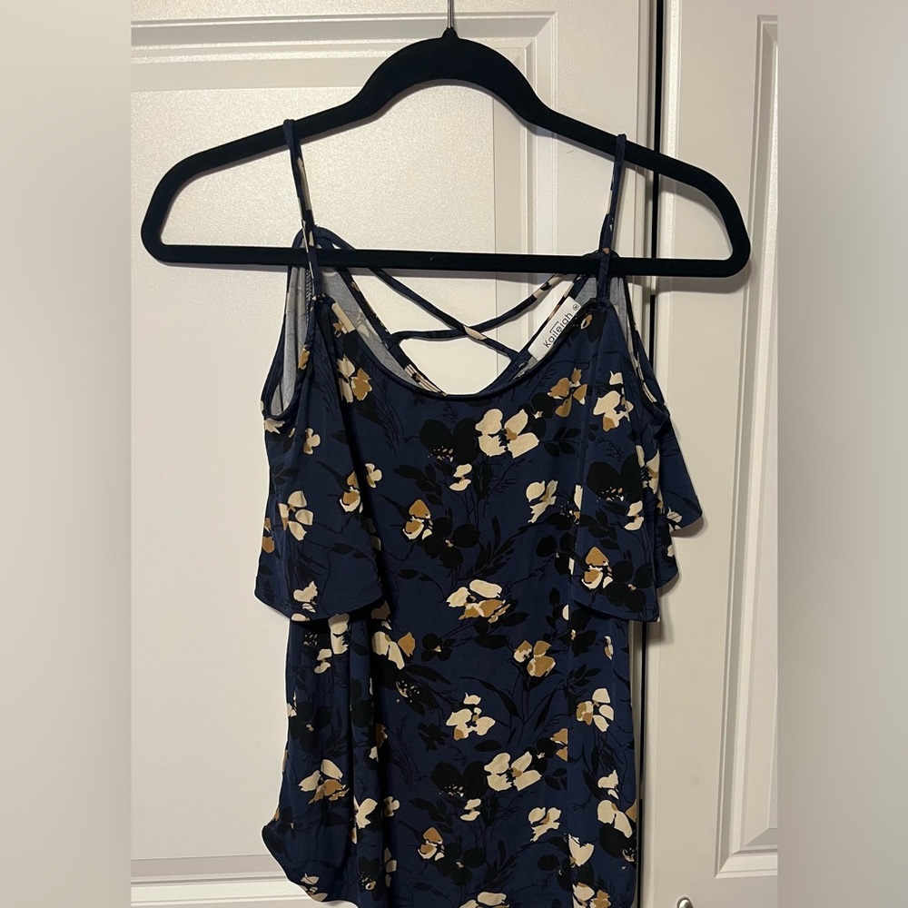 Women's cold shoulder- Dark Blue Floral  blouse- M